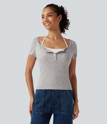 Ribbbed Halter Henley Neck Short Sleeve Built-in Bra Tie Back Casual T-Shirt 