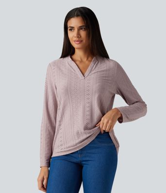 V Neck Long Sleeve Eyelet Casual Top