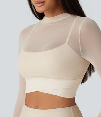 Mock Neck Long Sleeve Non-Removable Pad Mesh Cropped Yoga Sports Top Mock Neck Long Sleeve Non-Removable Pad Mesh Cropped Yoga Sports Top