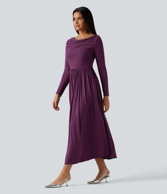 Off Shoulder Long Sleeve Midi Party Dress with Pockets