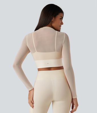 Mock Neck Long Sleeve Non-Removable Pad Mesh Cropped Yoga Sports Top Mock Neck Long Sleeve Non-Removable Pad Mesh Cropped Yoga Sports Top