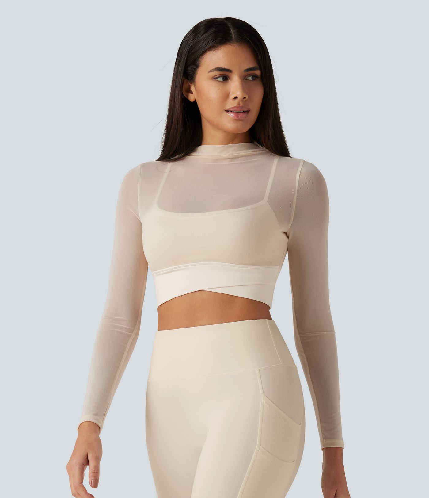 Mock Neck Long Sleeve Non-Removable Pad Mesh Cropped Yoga Sports Top Mock Neck Long Sleeve Non-Removable Pad Mesh Cropped Yoga Sports Top