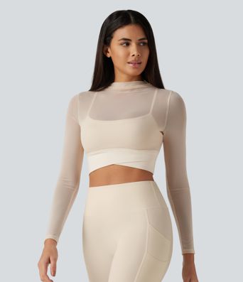Mock Neck Long Sleeve Non-Removable Pad Mesh Cropped Yoga Sports Top Mock Neck Long Sleeve Non-Removable Pad Mesh Cropped Yoga Sports Top