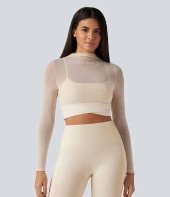 Mock Neck Long Sleeve Non-Removable Pad Mesh Cropped Yoga Sports Top Mock Neck Long Sleeve Non-Removable Pad Mesh Cropped Yoga Sports Top