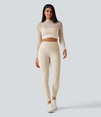 Mock Neck Long Sleeve Non-Removable Pad Mesh Cropped Yoga Sports Top Mock Neck Long Sleeve Non-Removable Pad Mesh Cropped Yoga Sports Top
