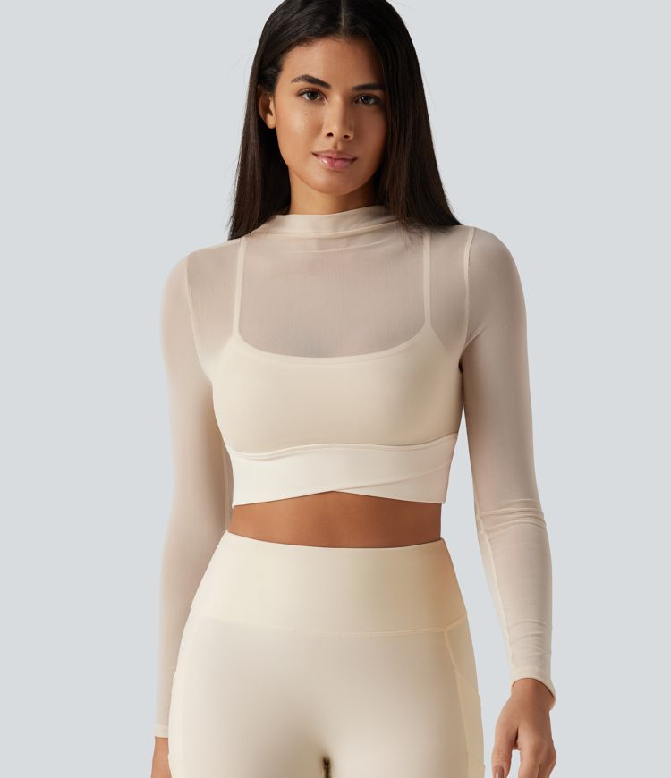 Mock Neck Long Sleeve Non-Removable Pad Mesh Cropped Yoga Sports Top Mock Neck Long Sleeve Non-Removable Pad Mesh Cropped Yoga Sports Top