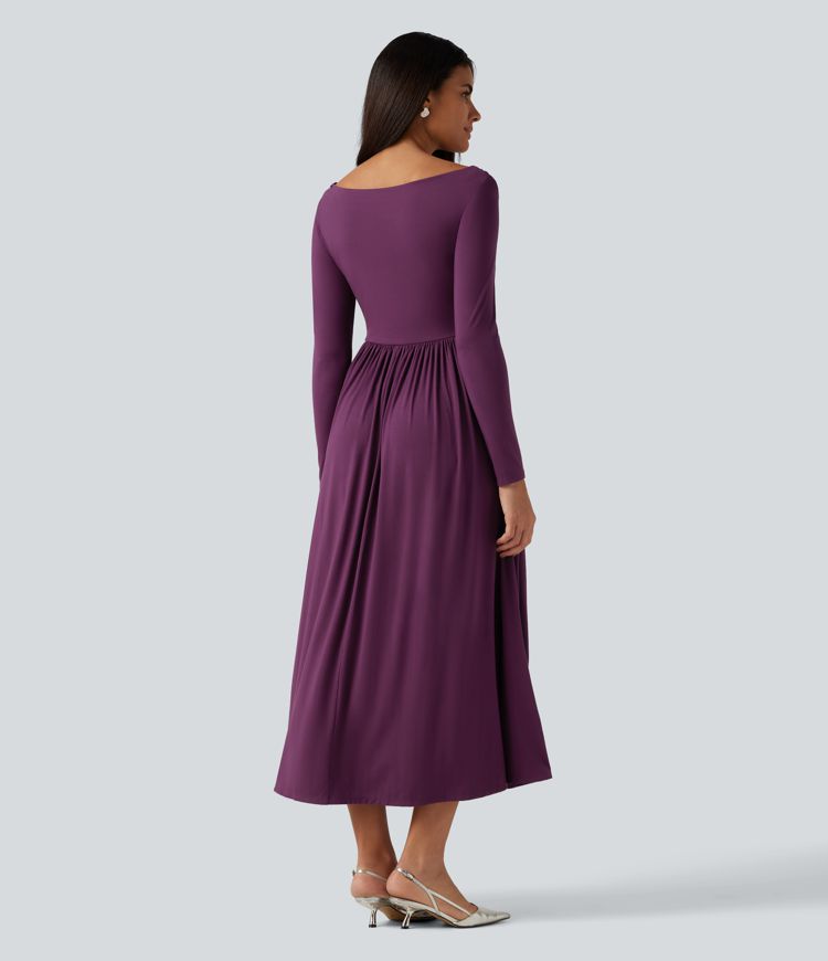 Off Shoulder Long Sleeve Midi Party Dress with Pockets