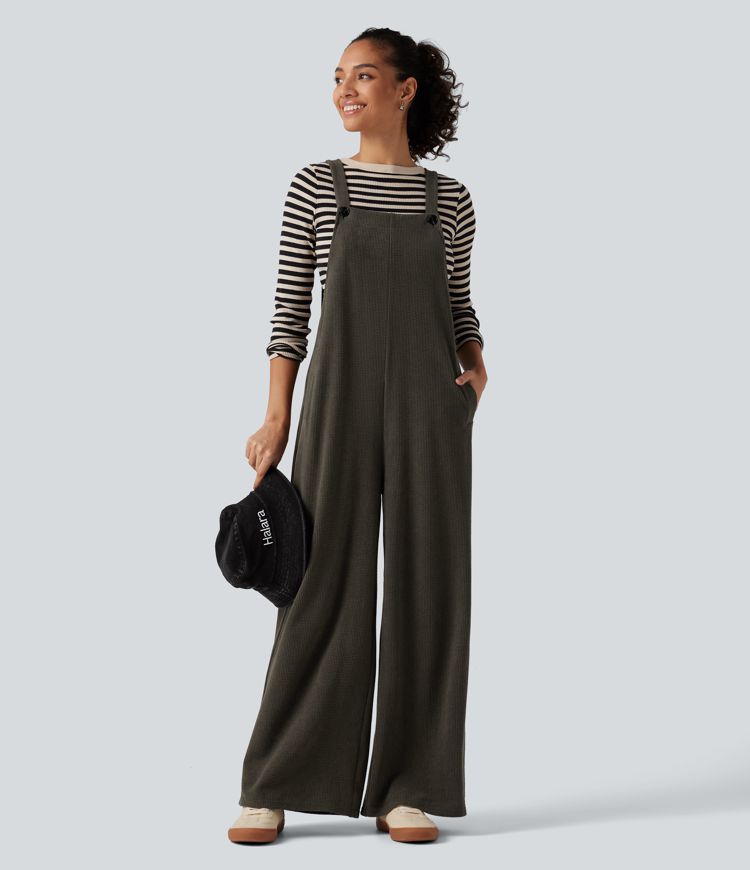 Square Neck Baggy Corduroy Casual Overalls with Pockets