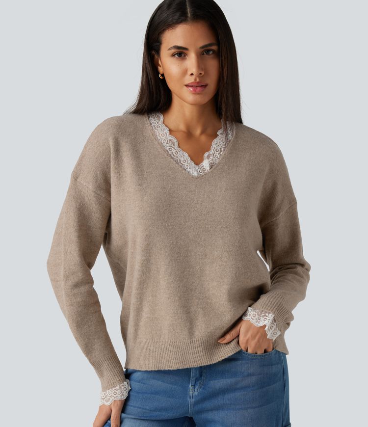 Pull à encolure en V, épaules tombantes, manches longues et dentelle contrastée