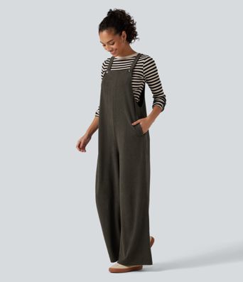 Square Neck Baggy Corduroy Casual Overalls with Pockets