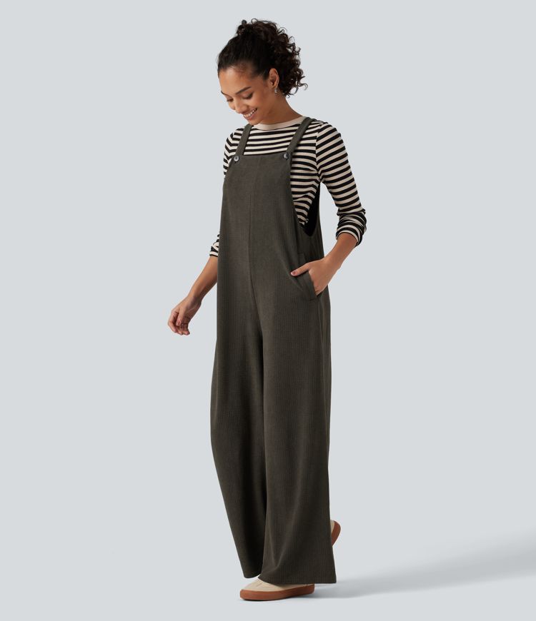 Square Neck Baggy Corduroy Casual Overalls with Pockets