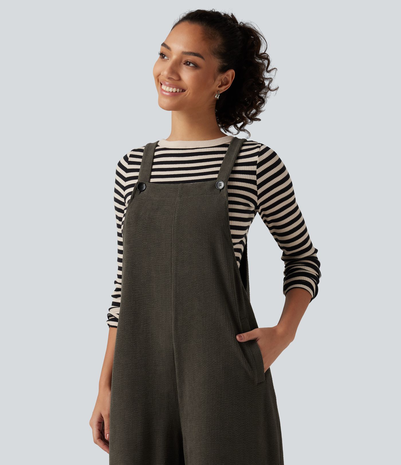 Square Neck Baggy Corduroy Casual Overalls with Pockets