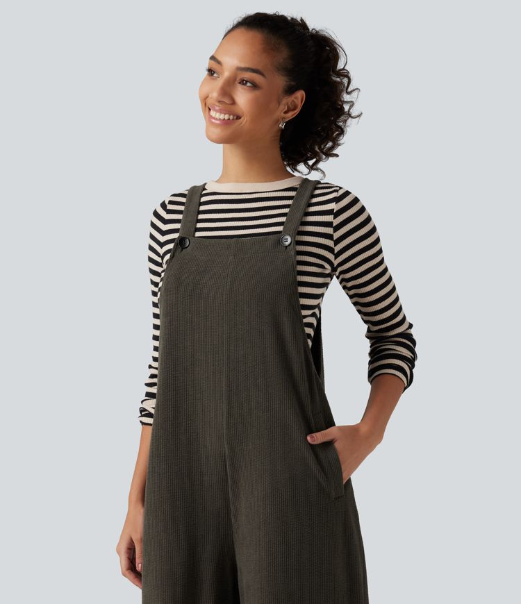 Square Neck Baggy Corduroy Casual Overalls with Pockets