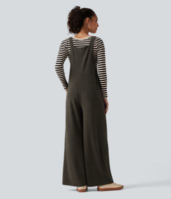 Square Neck Baggy Corduroy Casual Overalls with Pockets