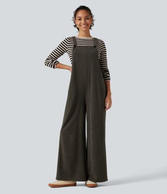 Square Neck Baggy Corduroy Casual Overalls with Pockets