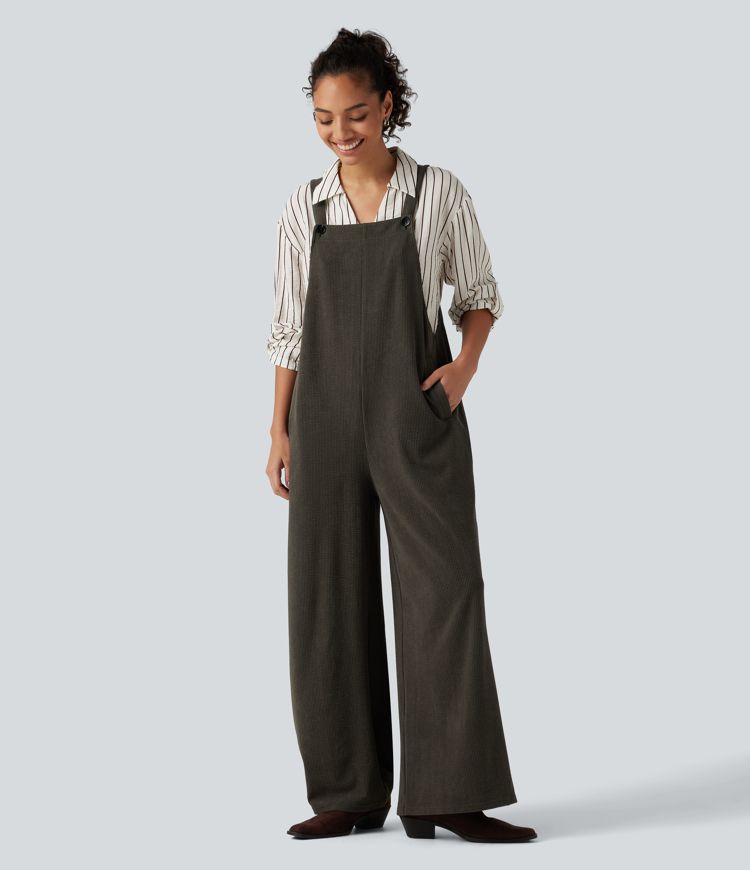 Square Neck Baggy Corduroy Casual Overalls with Pockets