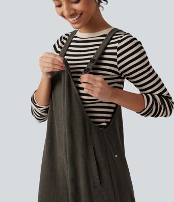 Square Neck Baggy Corduroy Casual Overalls with Pockets