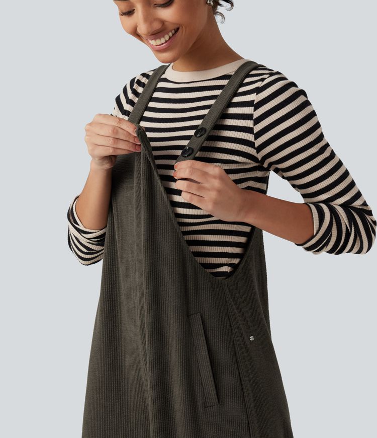 Square Neck Baggy Corduroy Casual Overalls with Pockets