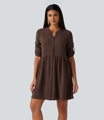 Notched Collar Long Sleeve Mini Casual Shirt Dress with Pockets