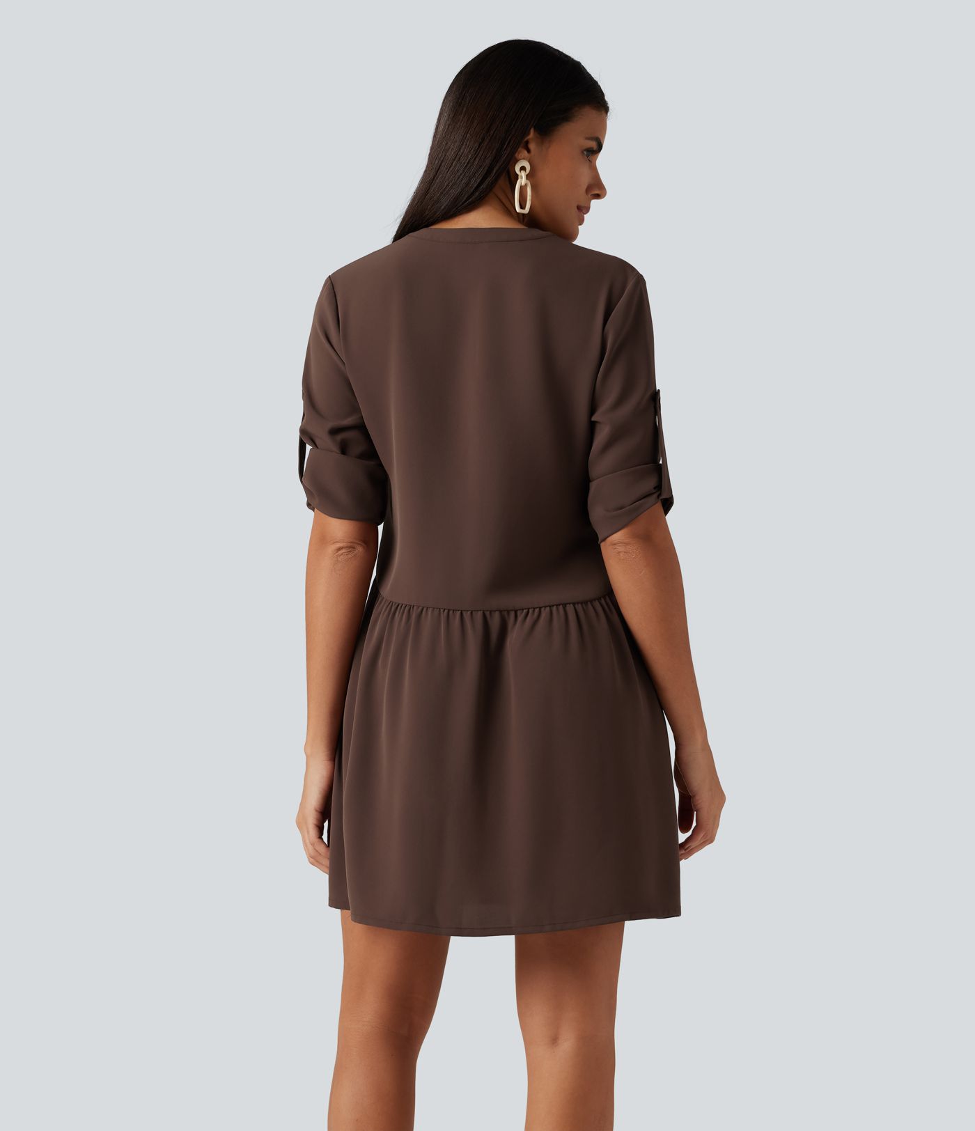 Notched Collar Long Sleeve Mini Casual Shirt Dress with Pockets