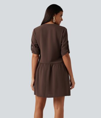 Notched Collar Long Sleeve Mini Casual Shirt Dress with Pockets