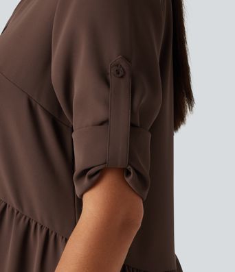 Notched Collar Long Sleeve Mini Casual Shirt Dress with Pockets