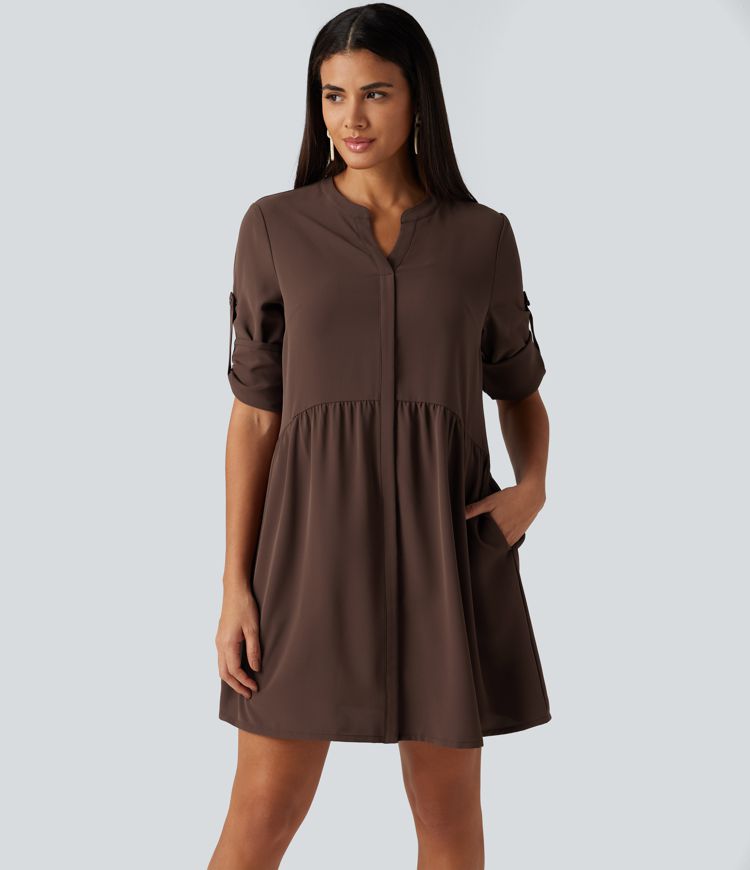 Notched Collar Long Sleeve Mini Casual Shirt Dress with Pockets