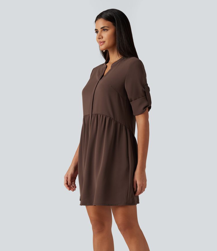 Notched Collar Long Sleeve Mini Casual Shirt Dress with Pockets