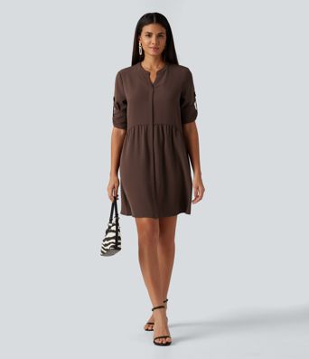 Notched Collar Long Sleeve Mini Casual Shirt Dress with Pockets