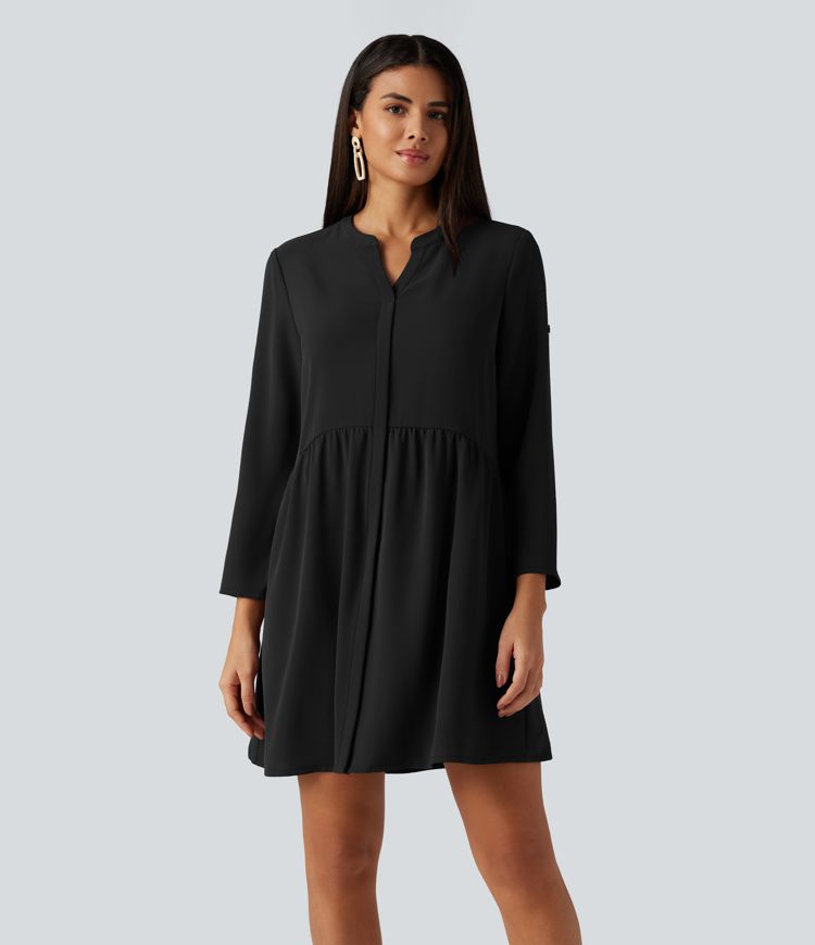 Robe-chemise mini à col tailleur cranté, manches longues et poches