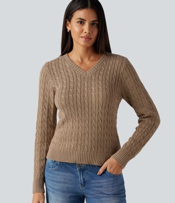 Cable Knit V Neck Long Sleeve Work Sweater Cable Knit V Neck Long Sleeve Work Sweater