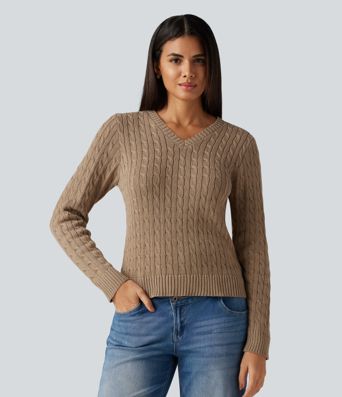 Cable Knit V Neck Long Sleeve Work Sweater Cable Knit V Neck Long Sleeve Work Sweater