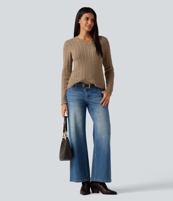 Cable Knit V Neck Long Sleeve Work Sweater Cable Knit V Neck Long Sleeve Work Sweater
