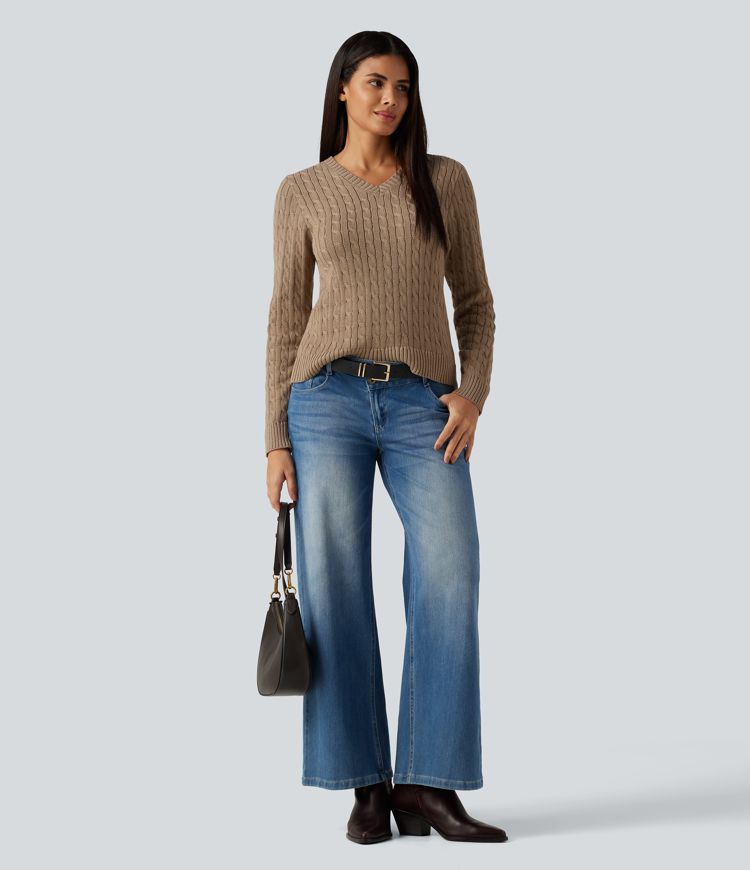 Cable Knit V Neck Long Sleeve Work Sweater Cable Knit V Neck Long Sleeve Work Sweater
