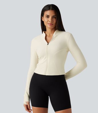 Stand Collar Long Sleeve Thumb Hole Yoga Jacket with Pockets