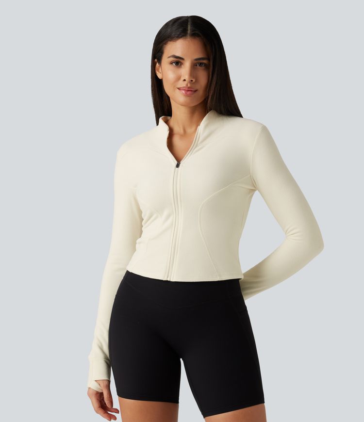 Stand Collar Long Sleeve Thumb Hole Yoga Jacket with Pockets