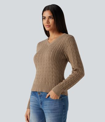 Cable Knit V Neck Long Sleeve Work Sweater Cable Knit V Neck Long Sleeve Work Sweater