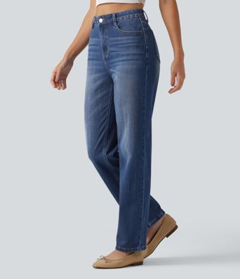 Halara Flex™ High Waisted Straight Leg Casual Cotton Jeans with Pockets Halara Flex™ High Waisted Straight Leg Casual Cotton Jeans with Pockets