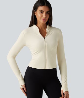 Stand Collar Long Sleeve Thumb Hole Yoga Jacket with Pockets