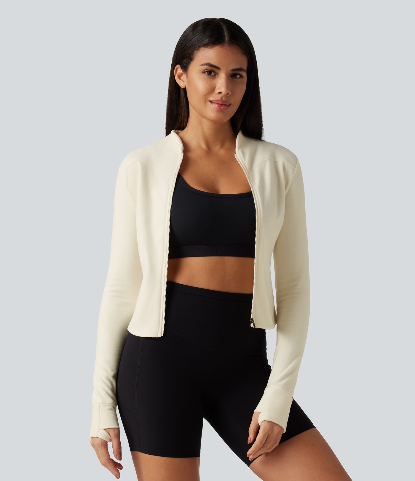 Stand Collar Long Sleeve Thumb Hole Yoga Jacket with Pockets