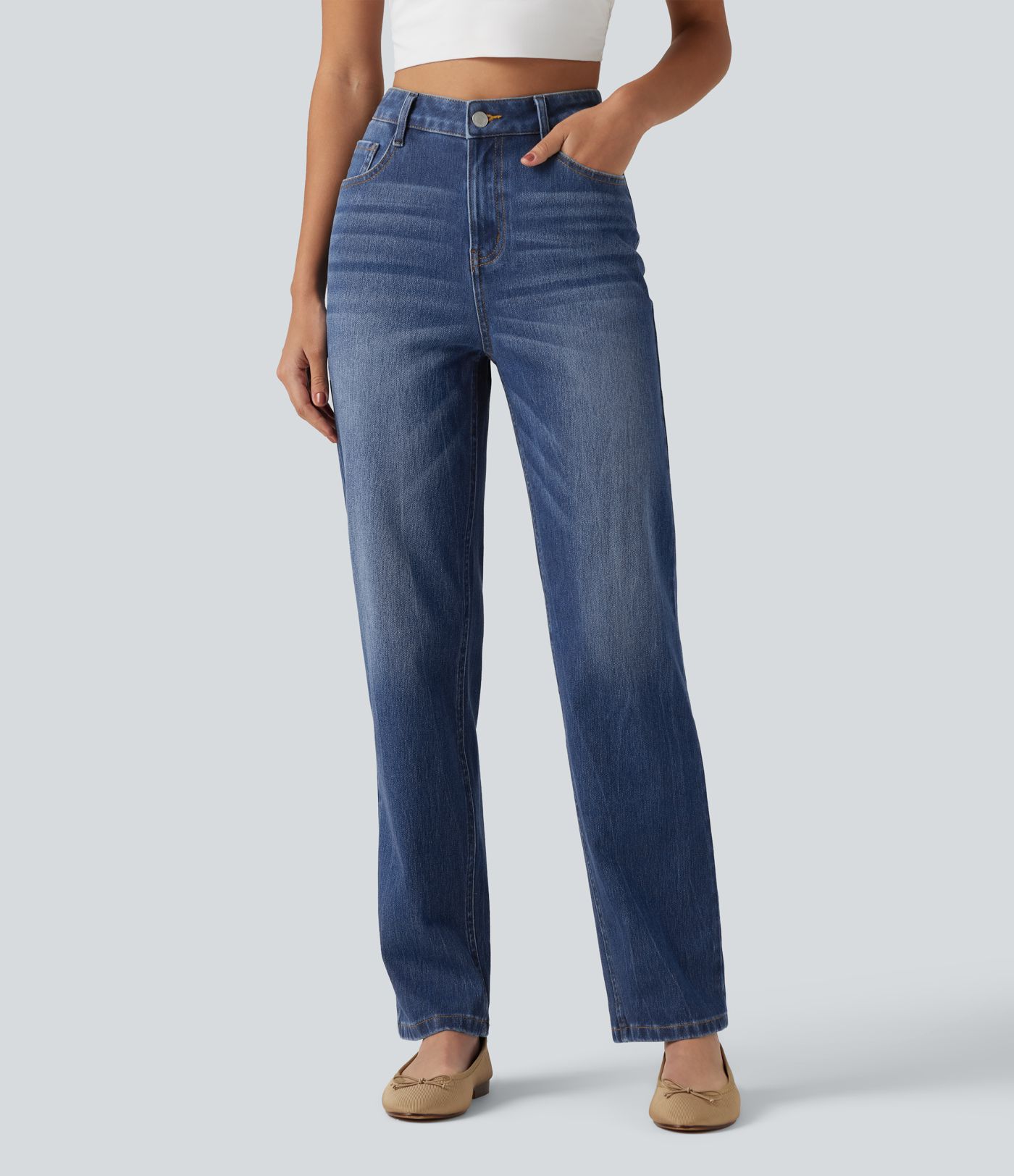 Halara Flex™ High Waisted Straight Leg Casual Cotton Jeans with Pockets Halara Flex™ High Waisted Straight Leg Casual Cotton Jeans with Pockets