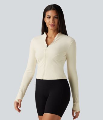 Stand Collar Long Sleeve Thumb Hole Yoga Jacket with Pockets