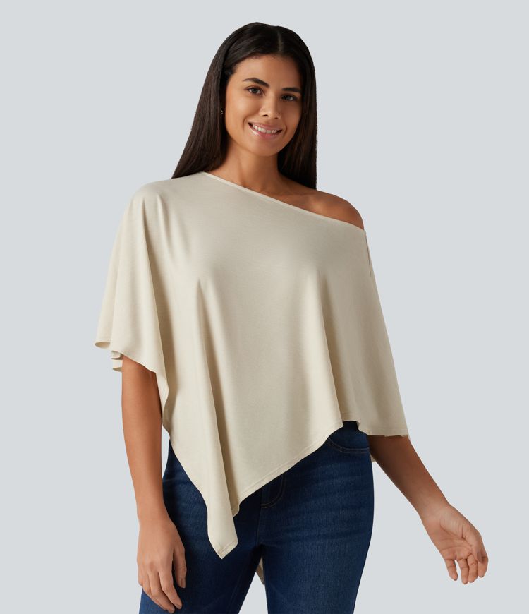 One Shoulder Half Sleeve Batwing Asymmetric Hem Oversized Casual Top