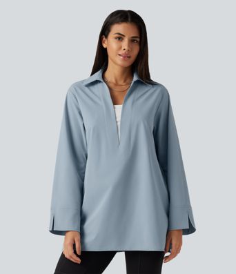 Color Block Belted Long Sleeve Work Shirt