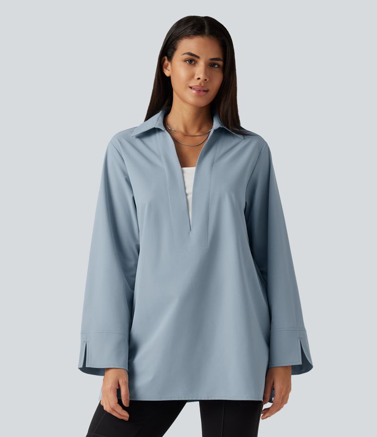 Color Block Belted Long Sleeve Work Shirt