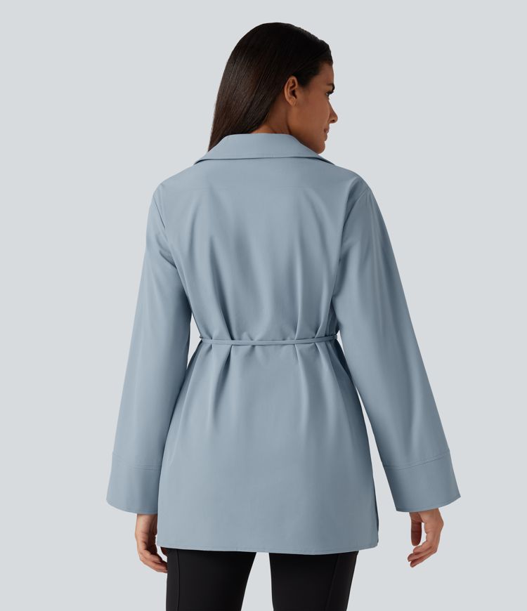 Color Block Belted Long Sleeve Work Shirt