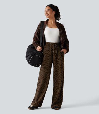 Pantalon en peluche taille haute à cordon, imprimé léopard, jambe large, décontracté, avec poches