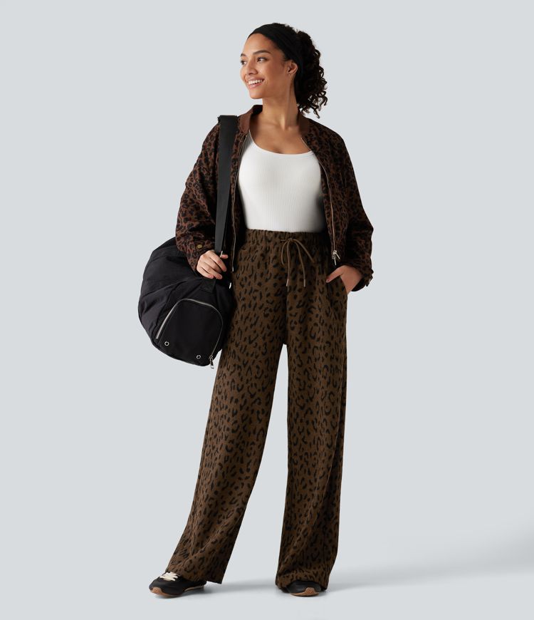 Pantalon en peluche taille haute à cordon, imprimé léopard, jambe large, décontracté, avec poches