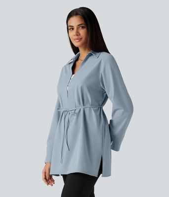 Color Block Belted Long Sleeve Work Shirt