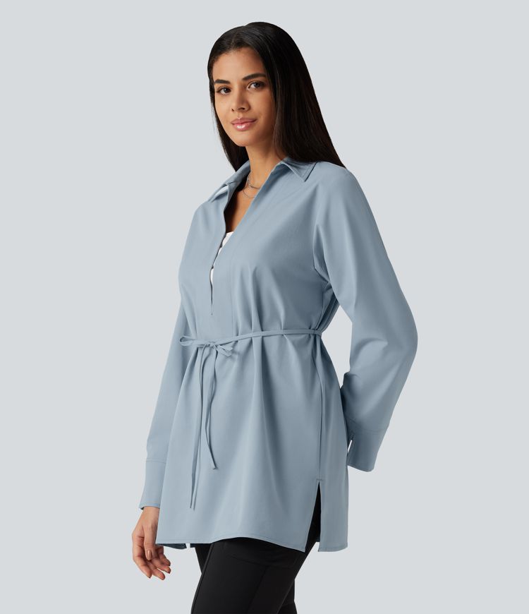 Color Block Belted Long Sleeve Work Shirt